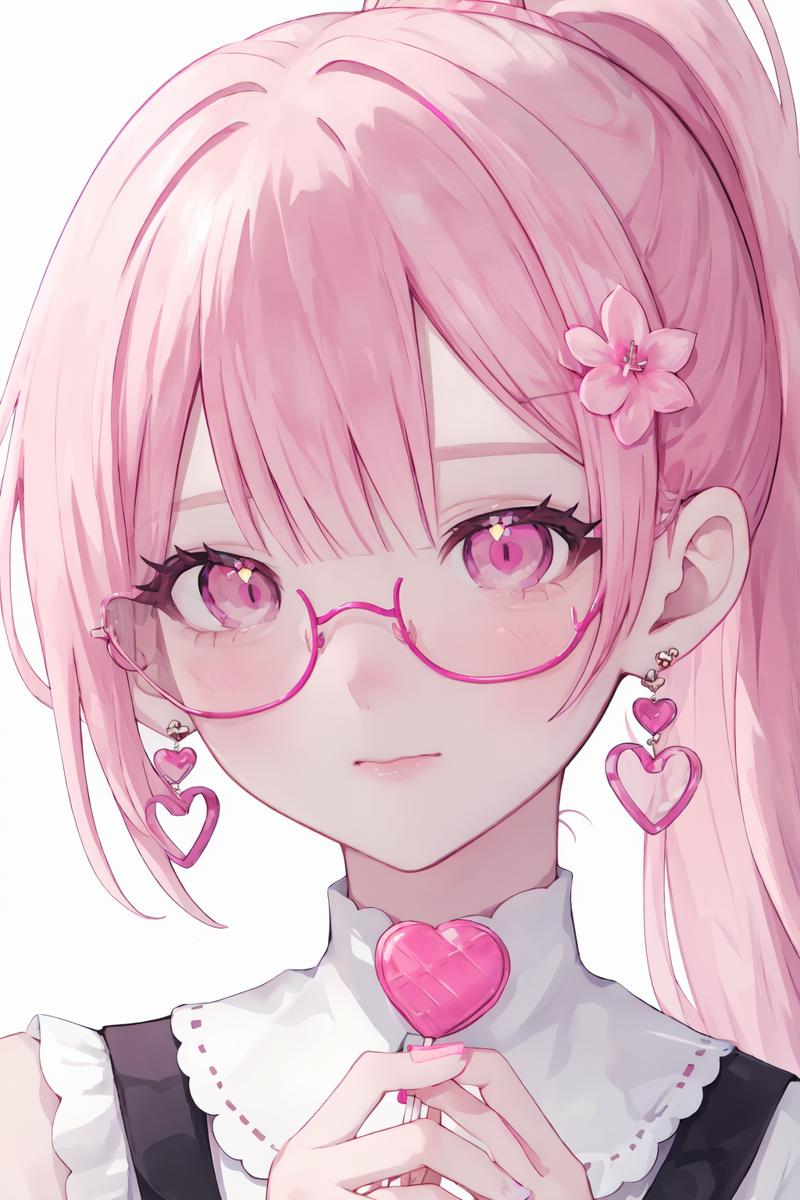 08672-4028629557-solo,1girl,pink hair,food,pink theme,heart,hair ornament,heart-shaped eyewear,pink nails,earrings,jewelry,pink eyes,pink-tinted.png